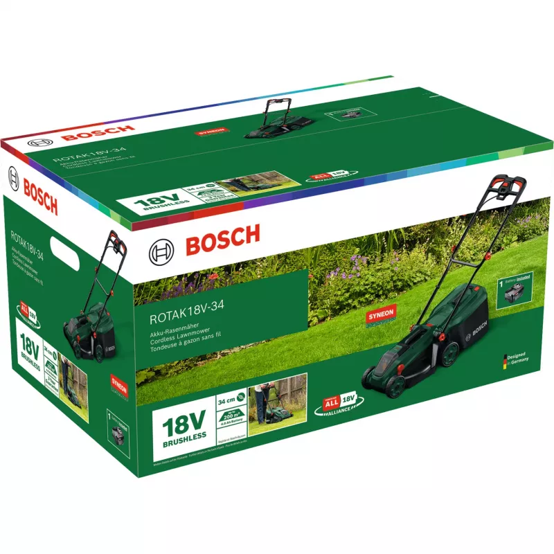 Bosch Rotak 18V-34 belaidis elektrinis vejapjovės rinkinys su starteriu ir mulčiavimo kištuku (C)