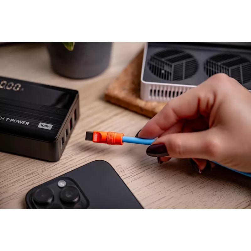 Newell USB-C į USB-C laidas 100W 1,5m Silikoninis spiralinis mėlynai-oranžinis