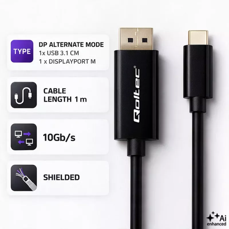 Qoltec USB-C į DisplayPort laidas 1m - 5K 60Hz - Juodas