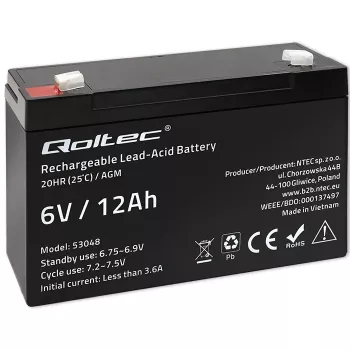 Qoltec AGM Battery 6V 12Ah Maintenance-Free LongLife for UPS, Scales, Cash Registers