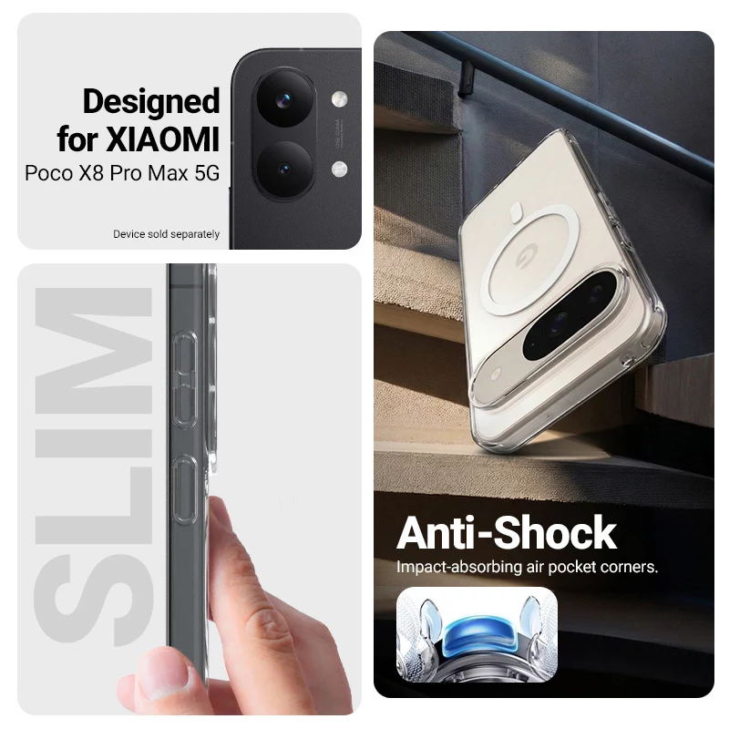 Crong Hybrid Clear Magnetic Dėklas, skirtas Xiaomi POCO X8 Pro Max 5G, permatomas, suderinamas su MagSafe