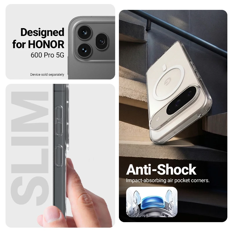 Crong Hybrid Clear Magnetic Dėklas, skirtas Honor 600 Pro 5G, suderinamas su MagSafe, permatomas