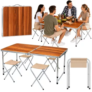 LEAN Camping Furniture Set - Sulankstomas stalas ir 4 taburetės mediniame lagamine