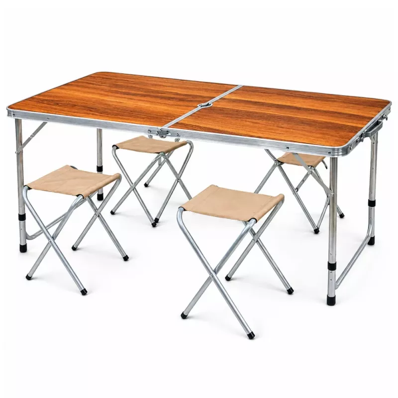 LEAN Camping Furniture Set - Sulankstomas stalas ir 4 taburetės mediniame lagamine