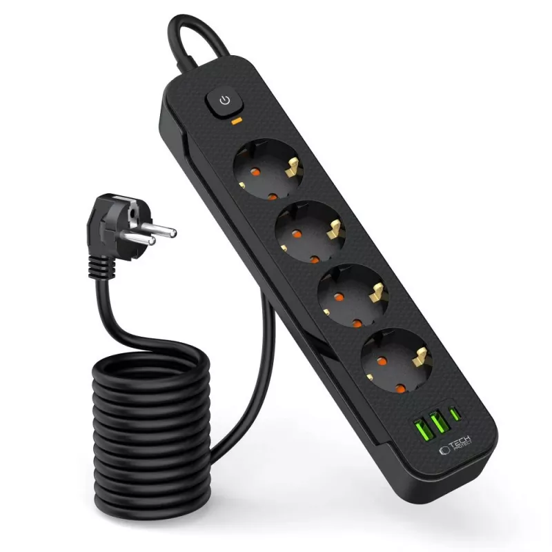 TECH-PROTECT PCL4X3 Power Strip Long 2 USB & 1 Type-C & 4 Socket 200cm Black