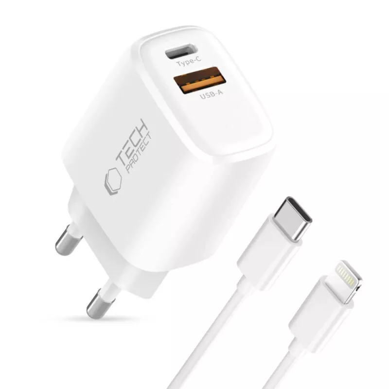 TECH-PROTECT NCA30 2-Port Network Charger PD 30W / QC3.0 + Lightning Cable White