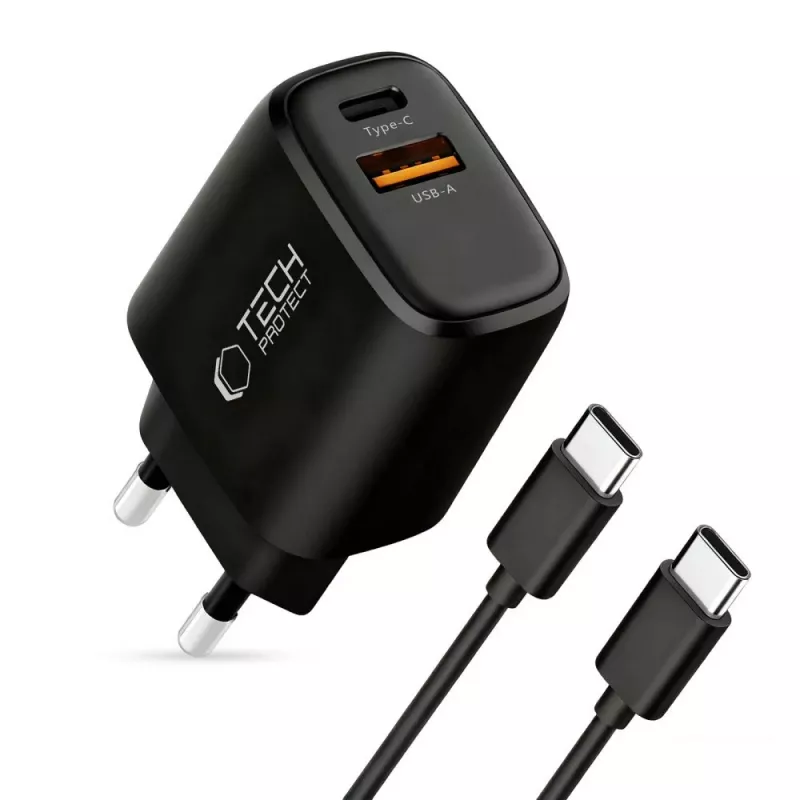 TECH-PROTECT NCA45W-GAN 2-Port Network Charger PD 45W / QC3.0 + Type-C Cable Black