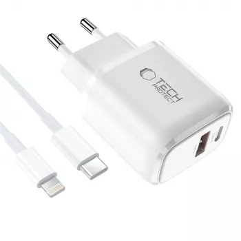 TECH-PROTECT NCA45W-GAN 2-Port Network Charger PD 45W / QC3.0 + Lightning Cable White
