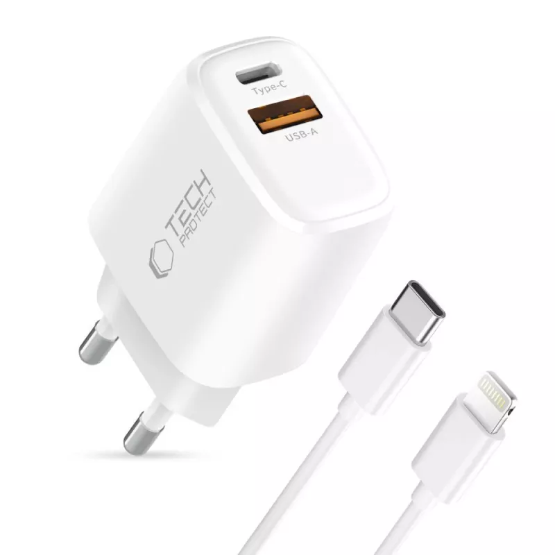 TECH-PROTECT NCA45W-GAN 2-Port Network Charger PD 45W / QC3.0 + Lightning Cable White