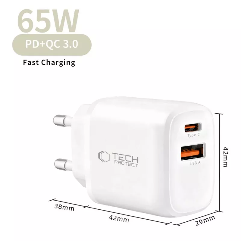 Tinklo įkroviklis TECH-PROTECT NCA65W-GAN, 2 prievadai, PD 65W / QC3.0, baltas