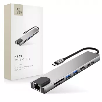 TECH-PROTECT HB09 Hub Adapter 8-in-1 USB-C to USB-A 3.0, USB-C 3.0, HDMI 4K 60Hz, SD/TF, PD 100W, RJ45 Gigabit Ethernet, Space Grey