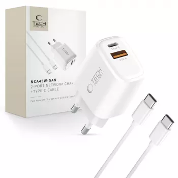 TECH-PROTECT NCA45W-GAN 2-Port Network Charger PD 45W / QC3.0 + Type-C Cable White