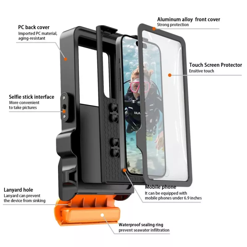 TECH-PROTECT IPX8 PRO Universal Diving Waterproof Case Black/Orange