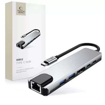 TECH-PROTECT HB02 HUB Adapter 6-in-1 USB-C + USB 2.0 + USB 3.0 + HDMI 4K 30Hz + RJ45 + PD 100W Space Grey
