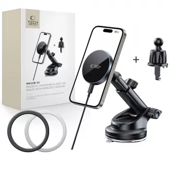 TECH-PROTECT MM15W-V5 Magnetic MagSafe Dashboard & Vent Car Mount Wireless Charger 15W Black/Black