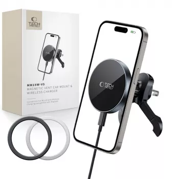 TECH-PROTECT MM15W-V5 Magnetinis MagSafe Stabilus Ventiliatoriaus Laikiklis Automobiliui Belaidis Įkroviklis 15W Juodas/Juodas