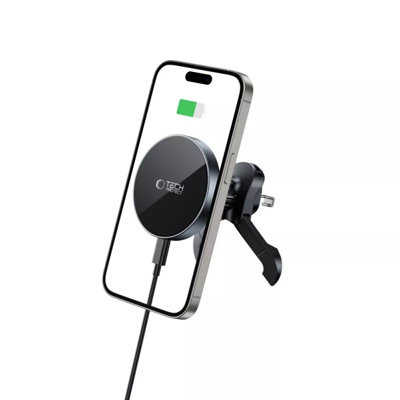 TECH-PROTECT MM15W-V5 Magnetinis MagSafe Stabilus Ventiliatoriaus Laikiklis Automobiliui Belaidis Įkroviklis 15W Juodas/Juodas