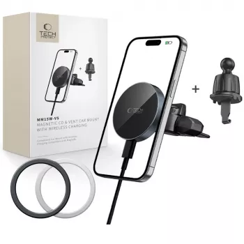 TECH-PROTECT MM15W-V5 Magnetinis MagSafe CD ir ventiliacijos automobilinis laikiklis su belaidžiu įkrovikliu 15W Juoda