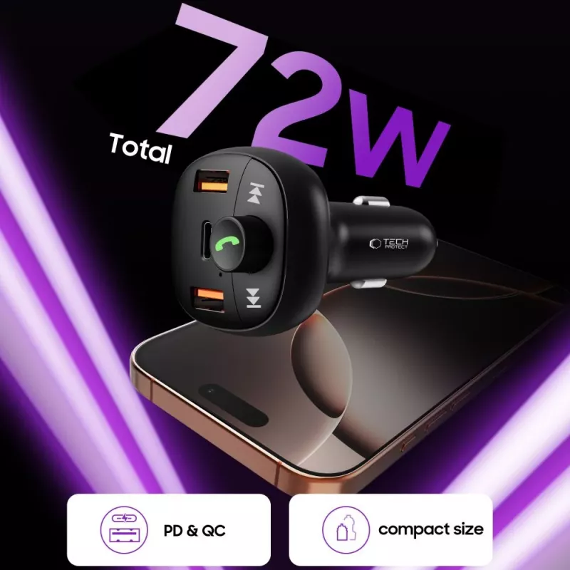 TECH-PROTECT CC06 3-Port Car Charger PD 72W + FM Transmitter Bluetooth Black