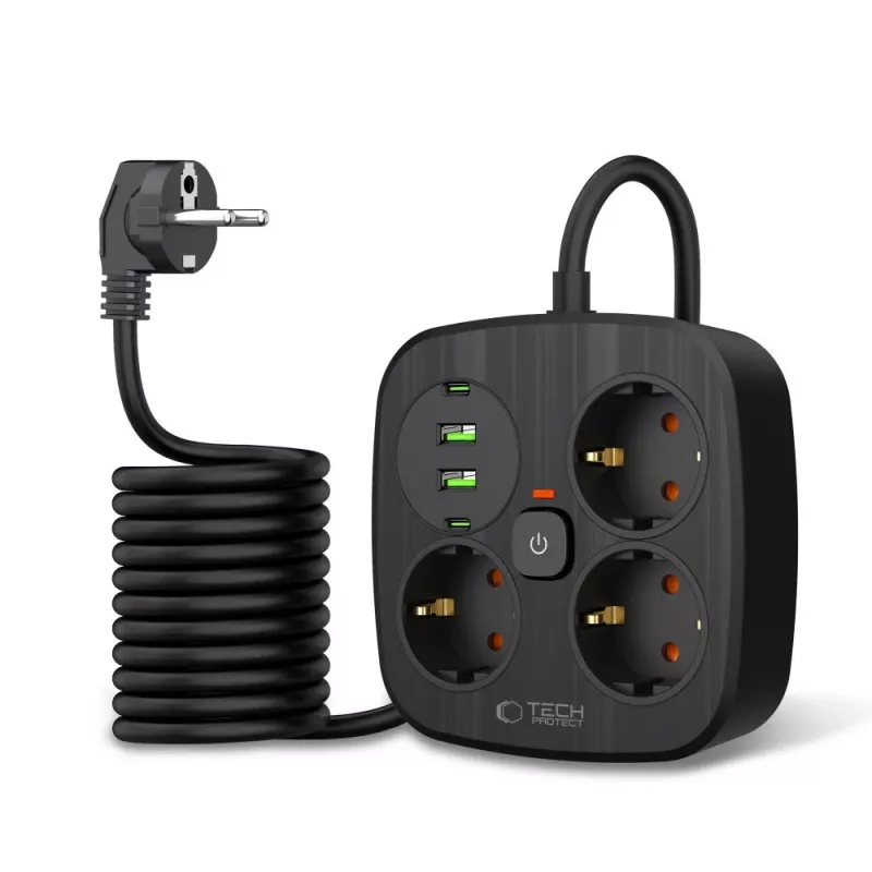 TECH-PROTECT PCS3X4 Power Strip 2 USB & 2 Type-C & 3 Socket 200cm Black