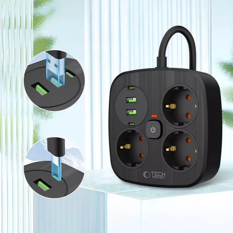 TECH-PROTECT PCS3X4 Power Strip 2 USB & 2 Type-C & 3 Socket 200cm Black