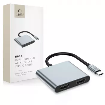 TECH-PROTECT HB08 Hub Adapter 4-in-1 USB-C + USB 2.0 + 2x HDMI 4K 60Hz Space Grey
