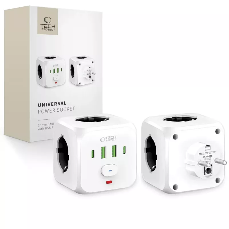 TECH-PROTECT PCL3X4 Power Strip 3 Schuko Sockets 2 USB-A 2 USB-C 2m White