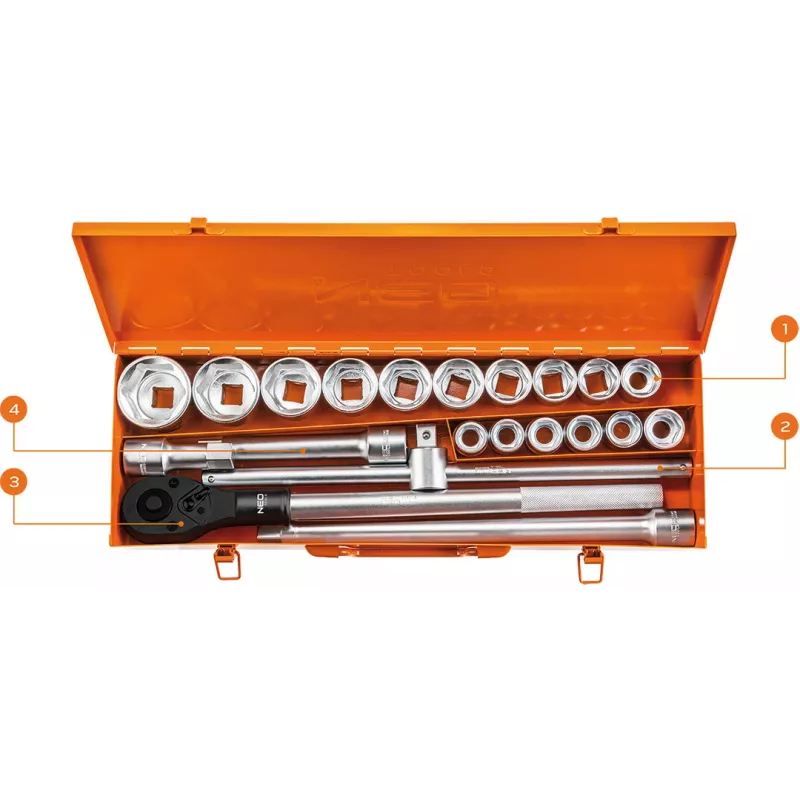 NEO TOOLS Veržliarakčių komplektas 3/4 colio, 21 dalis