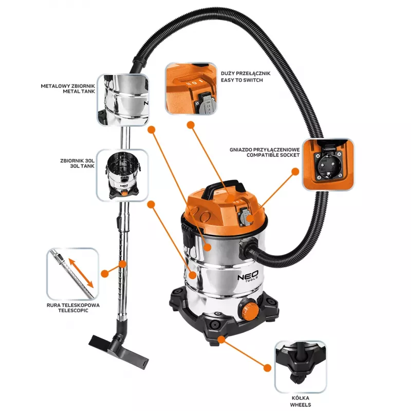 Dulkių siurblys NEO TOOLS, 1400W, 30L