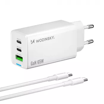 Wozinsky GaN 65W įkroviklis su USB-A ir 2x USB-C prievadais bei USB-C laidu 65W - Baltas