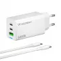 Wozinsky GaN 65W įkroviklis su USB-A ir 2x USB-C prievadais bei USB-C laidu 65W - Baltas