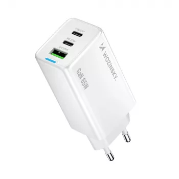 Wozinsky GaN 65W įkroviklis su USB-A ir 2x USB-C prievadais bei USB-C laidu 65W - Baltas
