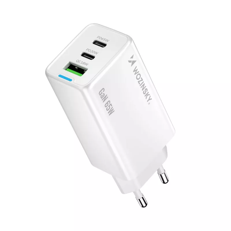 Wozinsky GaN 65W įkroviklis su USB-A ir 2x USB-C prievadais bei USB-C laidu 65W - Baltas