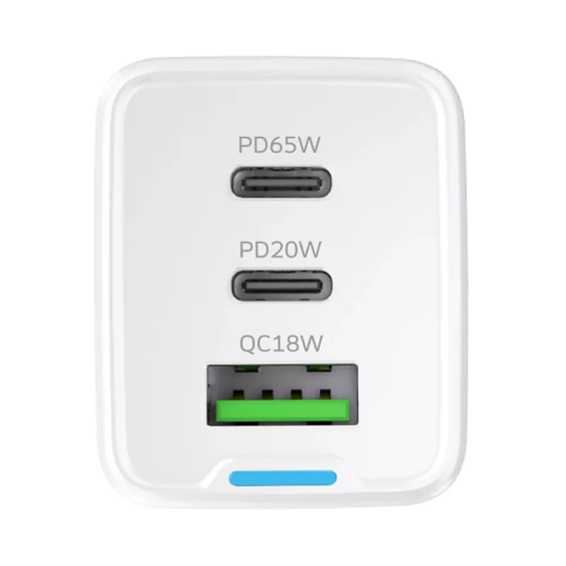 Wozinsky GaN 65W įkroviklis su USB-A ir 2x USB-C prievadais bei USB-C laidu 65W - Baltas