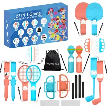 HURTEL Family Accessories Kit 23 in 1, skirta Nintendo Switch 2 – oranžinės ir mėlynos spalvos rinkinys