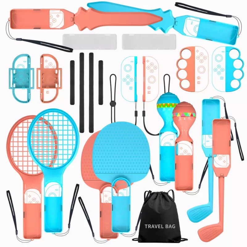 HURTEL Family Accessories Kit 23 in 1, skirta Nintendo Switch 2 – oranžinės ir mėlynos spalvos rinkinys