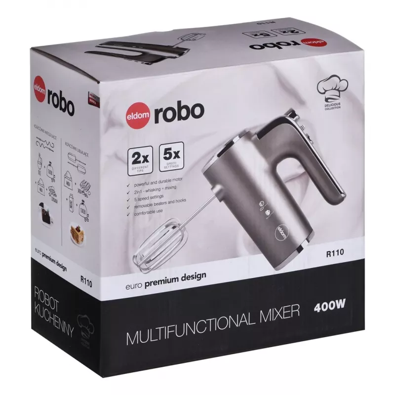 Eldom R110 Robo rankinis mikseris, 400 W, 5 greičiai, turbo funkcija, plakimo ir maišymo antgaliai, sidabrinės spalvos (R110 robo)