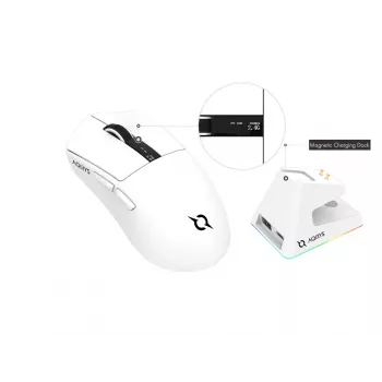 AQIRYS Zephyr belaidė žaidimų pelė, 2,4 GHz + Bluetooth, 26000 DPI, balta