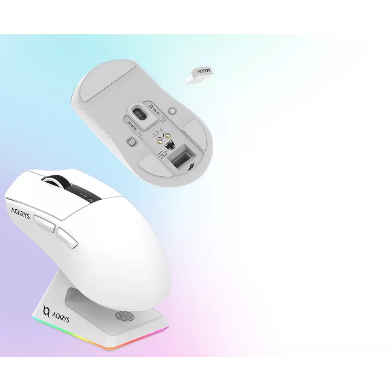 AQIRYS Zephyr belaidė žaidimų pelė, 2,4 GHz + Bluetooth, 26000 DPI, balta