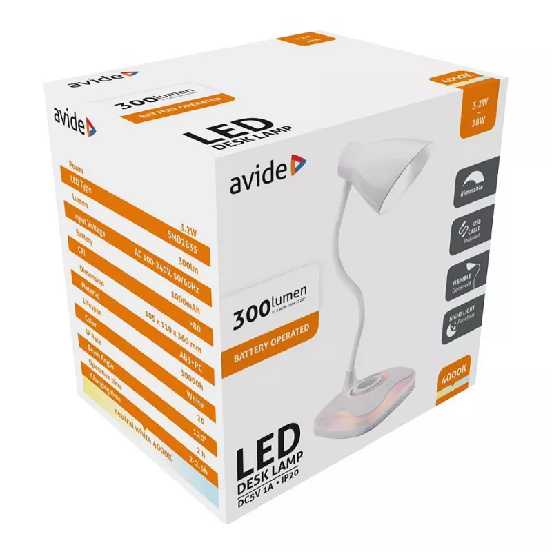 Avide LED stalinė lempa su naktine šviesa, USB, 3,2W, reguliuojamas ryškumas