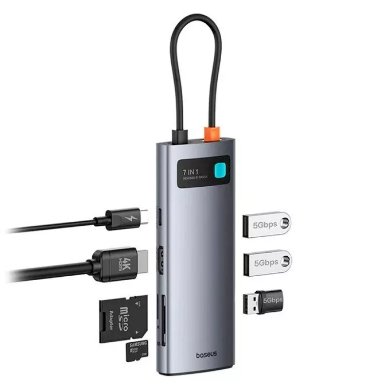 Baseus Metal Gleam 7-in-1 USB-C Hub HDMI 4K 60Hz 3x USB 3.0 USB-C PD SD microSD pilka