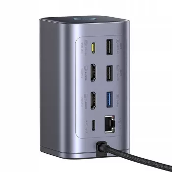 Baseus Air Spacemate 12-in-1 USB-C Hub, 2x HDMI 4K@60Hz, 2x USB-C 10Gbps, 2x USB-A 5Gbps, 2x USB-A 480Mbps, RJ45, SD/microSD, USB-C PD, Pilka