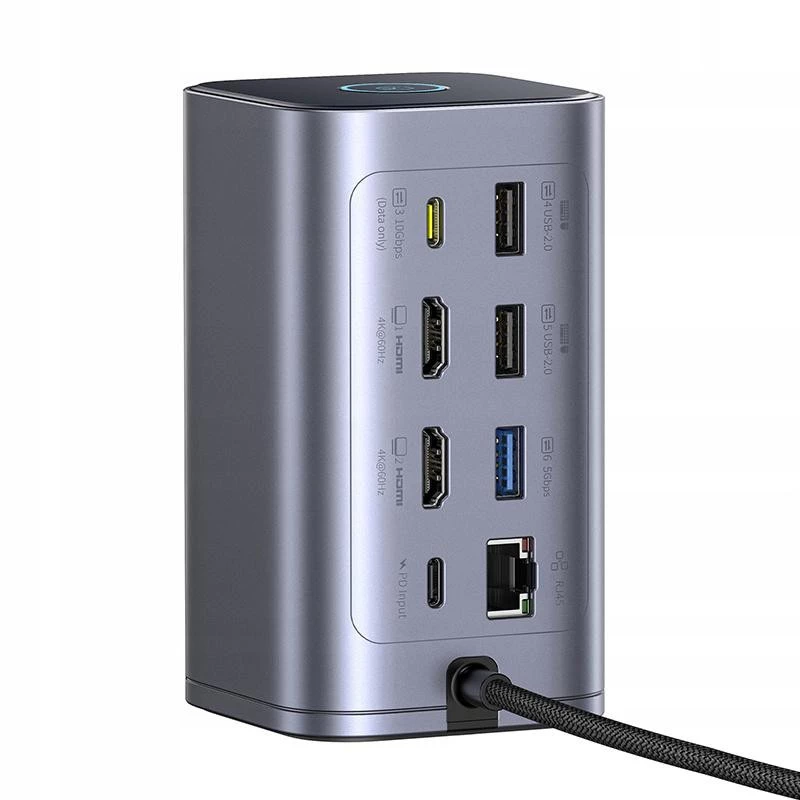 Baseus Air Spacemate 12-in-1 USB-C Hub, 2x HDMI 4K@60Hz, 2x USB-C 10Gbps, 2x USB-A 5Gbps, 2x USB-A 480Mbps, RJ45, SD/microSD, USB-C PD, Pilka