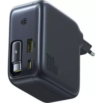 Baseus EnerCore CJ11 100W GaN sieninis įkroviklis su įtraukiamu USB-C laidu, 2 USB-C ir 1 USB-A prievadais, juodas