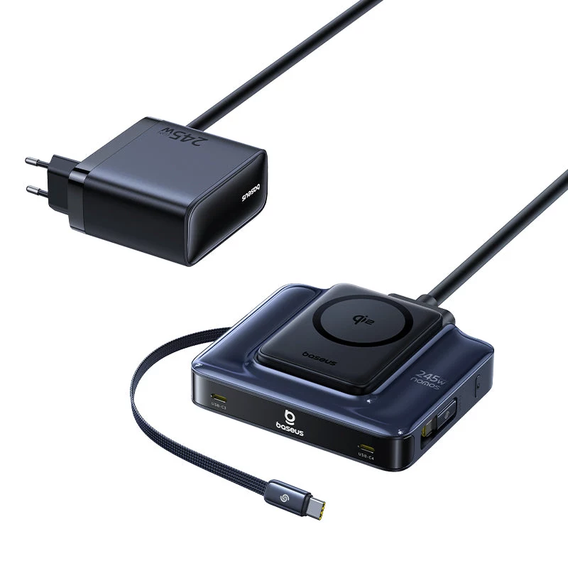Baseus Nomos NH21 6-in-1 245W belaidė įkrovimo stotelė su dviem įtraukiamais USB-C laidais - Juoda