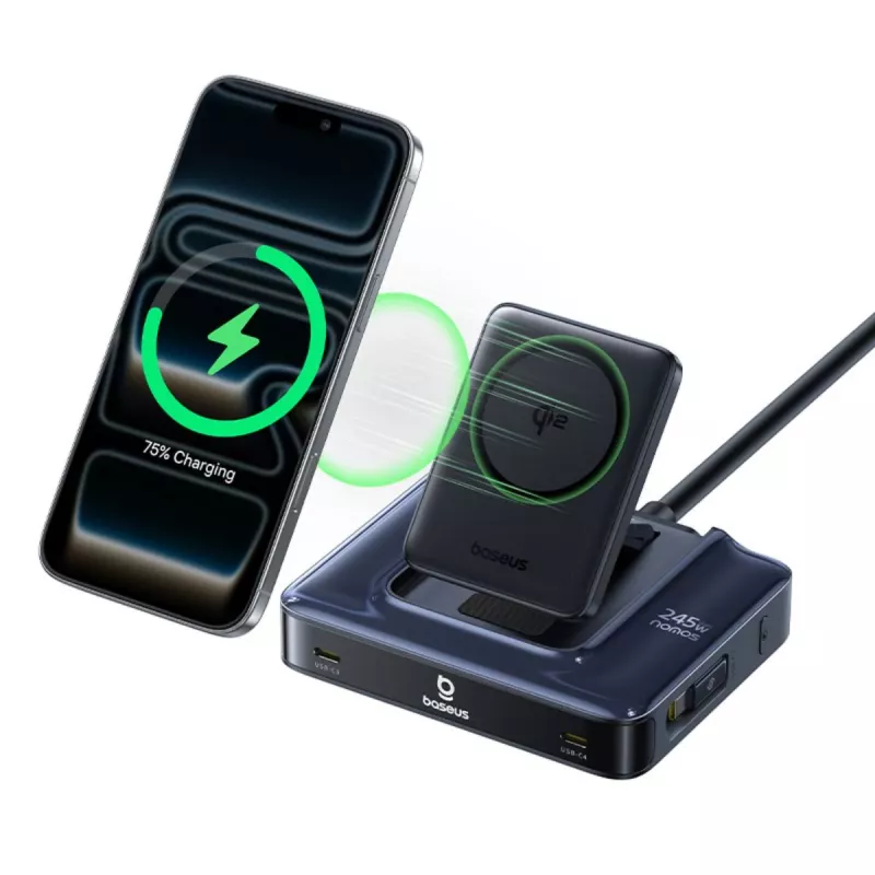 Baseus Nomos NH21 6-in-1 245W belaidė įkrovimo stotelė su dviem įtraukiamais USB-C laidais - Juoda