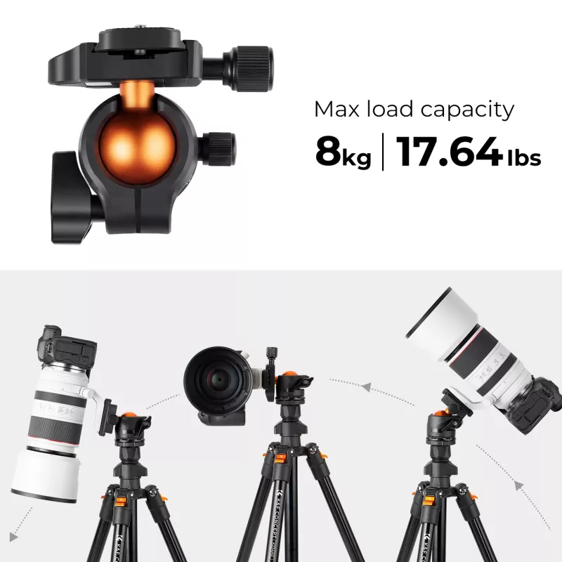 K&F Concept K234A0 + BH-28L Fotoaparato Trikojis, Aliuminio Lydinys, 8kg Apkrova, 160cm Maksimalus Aukštis, Rutulinė Galvutė, Užveržiamos Kojos, Konvertavimas į Monopodą