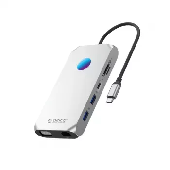 ORICO XCR 12-in-1 USB-C Dockavimo Stotelė su RGB, 2x USB-A 3.1, 1x USB-A 2.0, 1x USB-C PD 100W, 1x USB-C 3.1, 2x HDMI 2.0 4K 60Hz, 1x VGA 1080p, 1x microSD/SD 3.0, 1x RJ45 Gigabit Ethernet, 1x Audio CTIA 3.5mm - Pilka