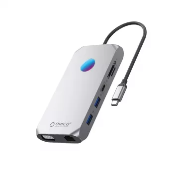 ORICO XCR 12-in-1 USB-C Docking Station su RGB, 3x USB-A 3.1, 1x USB-A 2.0, 1x USB-C PD 100W, 1x USB-C 3.1, 1x HDMI 1.4 4K 30Hz, 1x VGA 1080p, 1x microSD/SD 3.0, 1x RJ45 Gigabit Ethernet, 1x Audio CTIA 3.5mm - Pilka