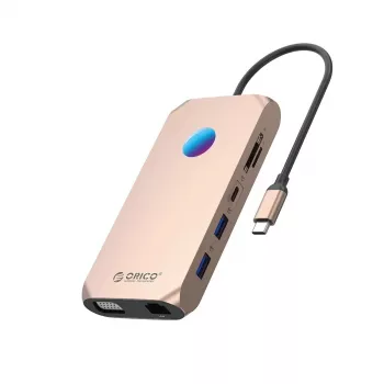 ORICO XCR 12w1 RGB USB-C Docking Station, 12-in-1, 3x USB-A 3.1, 1x USB-A 2.0, 1x USB-C PD 100W, 1x USB-C 3.1, 1x HDMI 1.4 4K 30Hz, 1x VGA 1080p, 1x microSD/SD 3.0, 1x RJ45 Gigabit Ethernet, 1x Audio CTIA 3.5mm, Rose Gold